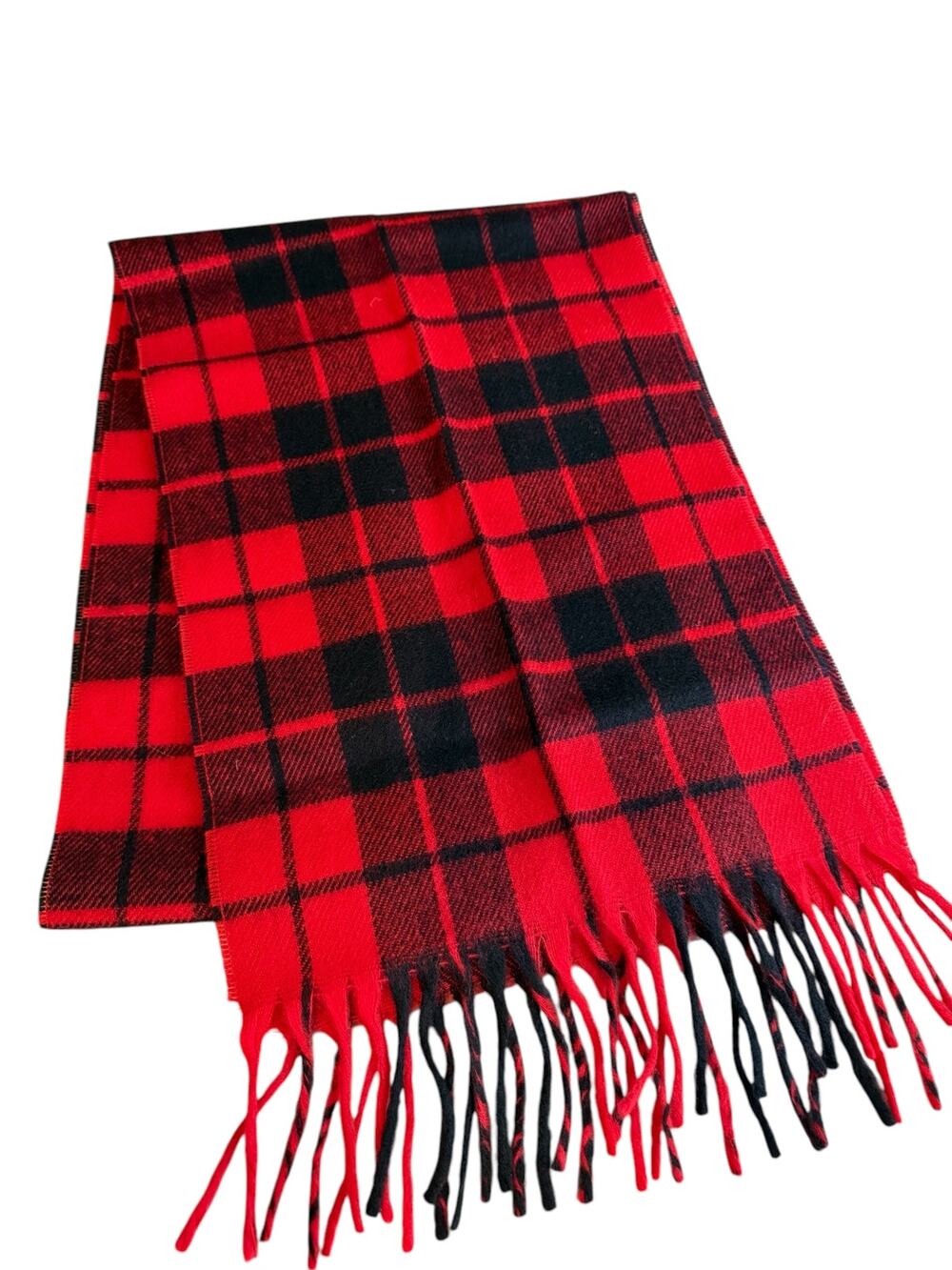 Vintage Christian Dior Buffalo Plaid Fringed Scarf Red Black